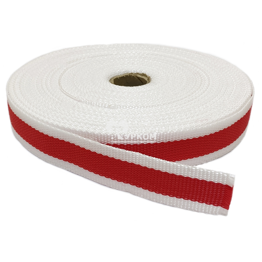 Стропа текстильная (лента ременная) - 30 мм - красный/белый - 25 м