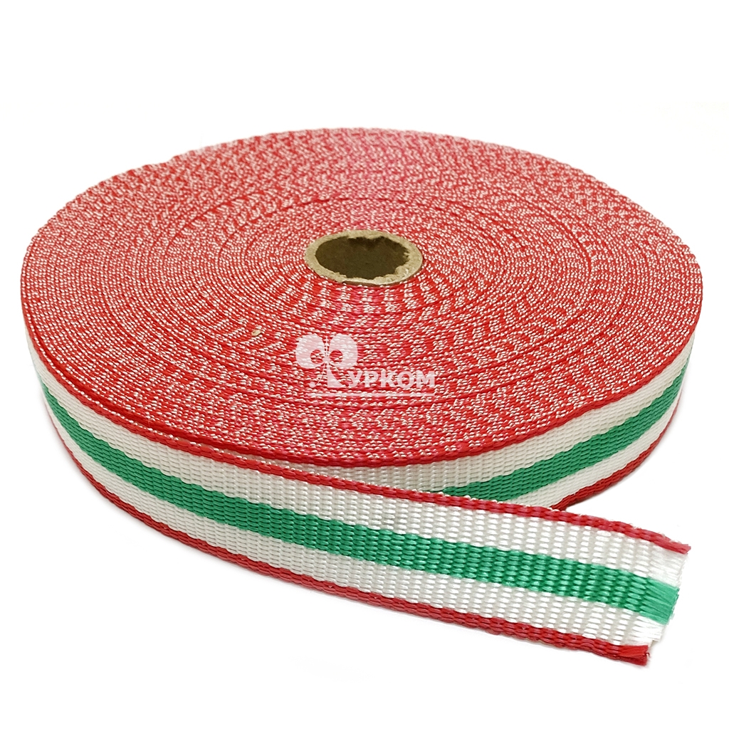 Стропа текстильная (лента ременная) - 30 мм - Триколор (красный/белый/зеленый) - 25 м